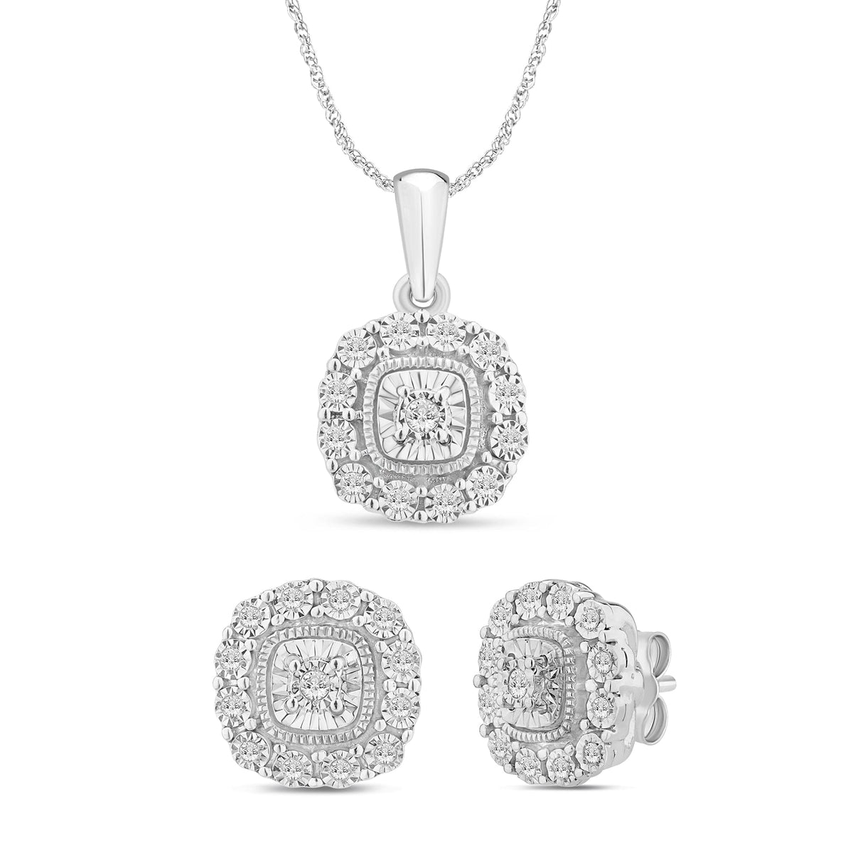 Stud Earrings and Cushion Shaped Pendant Necklace with 0.15ct of Diamonds in Sterling Silver Jewellery Set Bevilles 