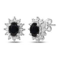 Oval Created Sapphire Stud Earrings with 0.10ct of Diamonds in Sterling Silver Rings Bevilles 