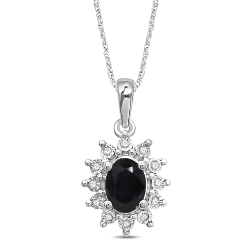 Oval Created Sapphire Necklace with 0.05ct of Diamonds in Sterling Silver Rings Bevilles 