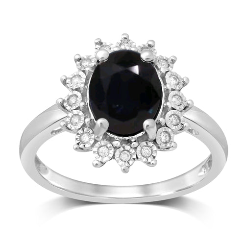 Oval Created Sapphire Ring with 0.10ct of Diamonds in Sterling Silver Rings Bevilles 