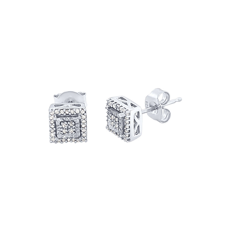 Diamond Square Halo Earrings in Sterling Silver Earrings Bevilles 