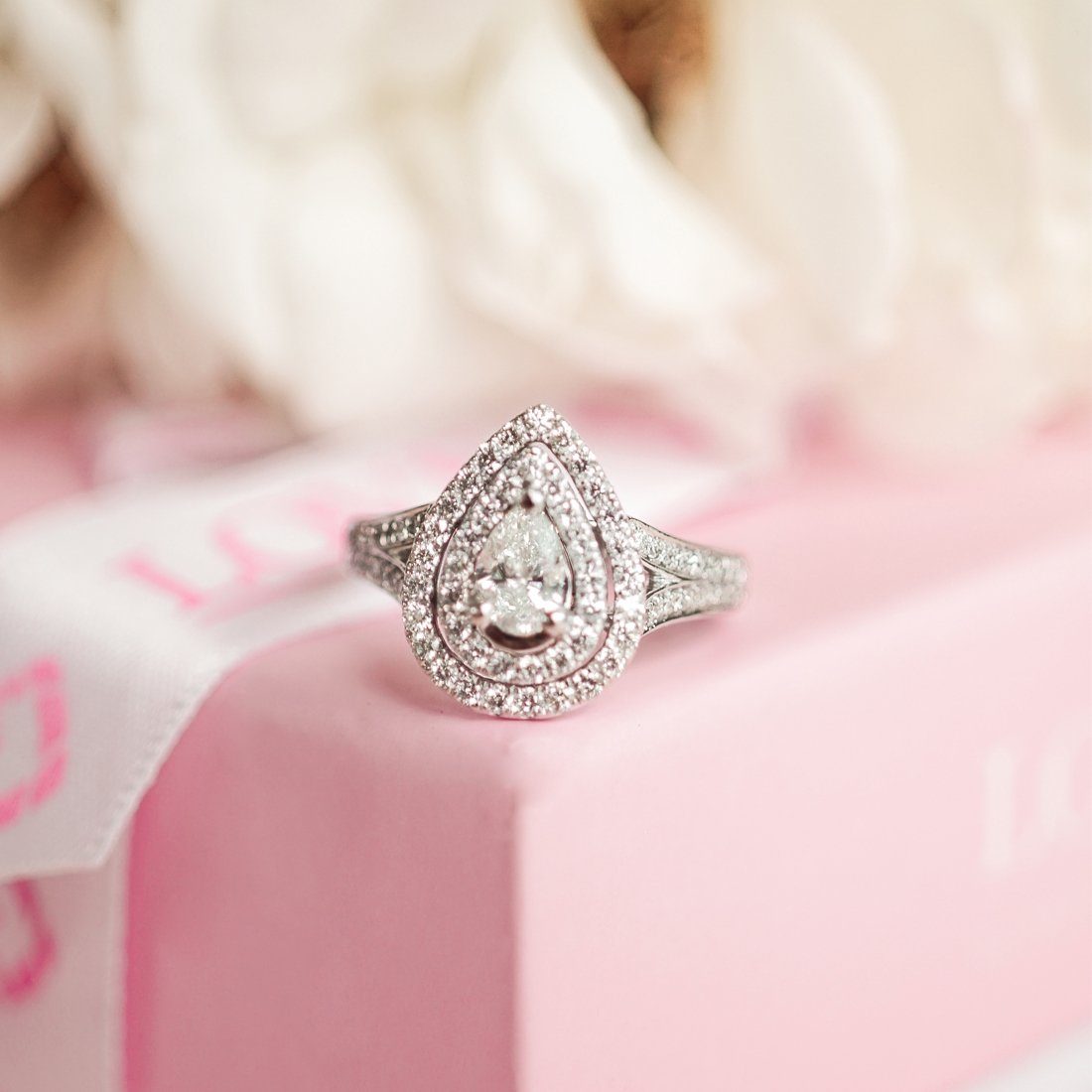 Love by Michelle Beville Double Halo Solitaire Pear Ring with 1.00ct of Diamonds in 18ct White Gold Rings Bevilles 