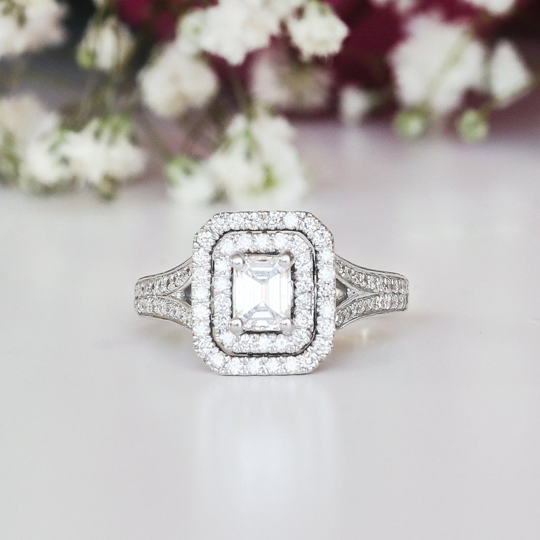 Love by Michelle Beville Emerald Double Halo Solitaire Ring with 1.00ct of Diamonds in 18ct White Gold Rings Bevilles 