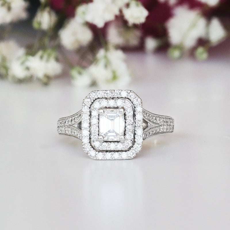 Love by Michelle Beville Emerald Double Halo Solitaire Ring with 1.00ct of Diamonds in 18ct White Gold Rings Bevilles 