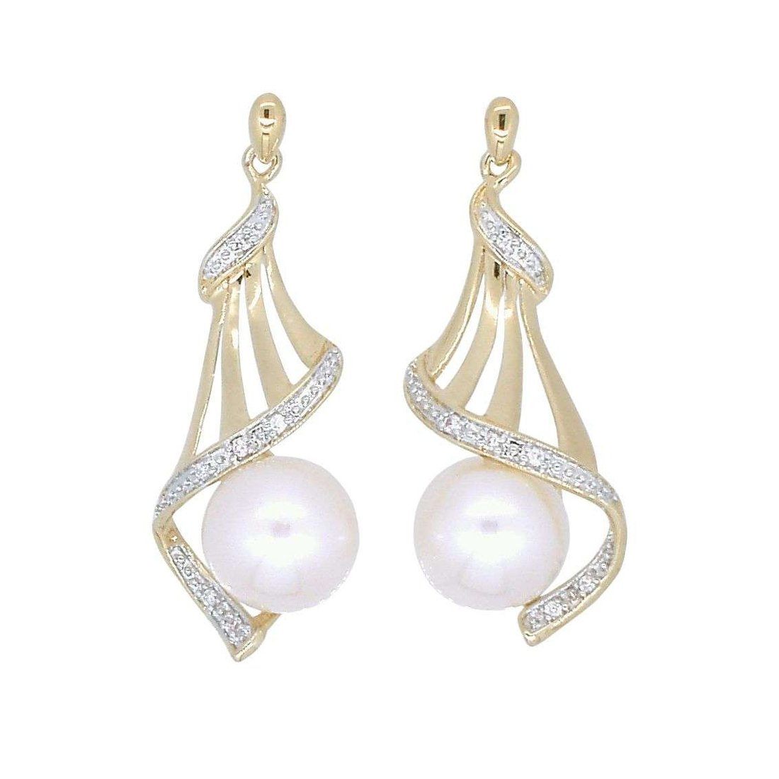 9ct Yellow Gold Round Fresh Water Pearl Diamond Set Drop Earrings Earrings Bevilles 