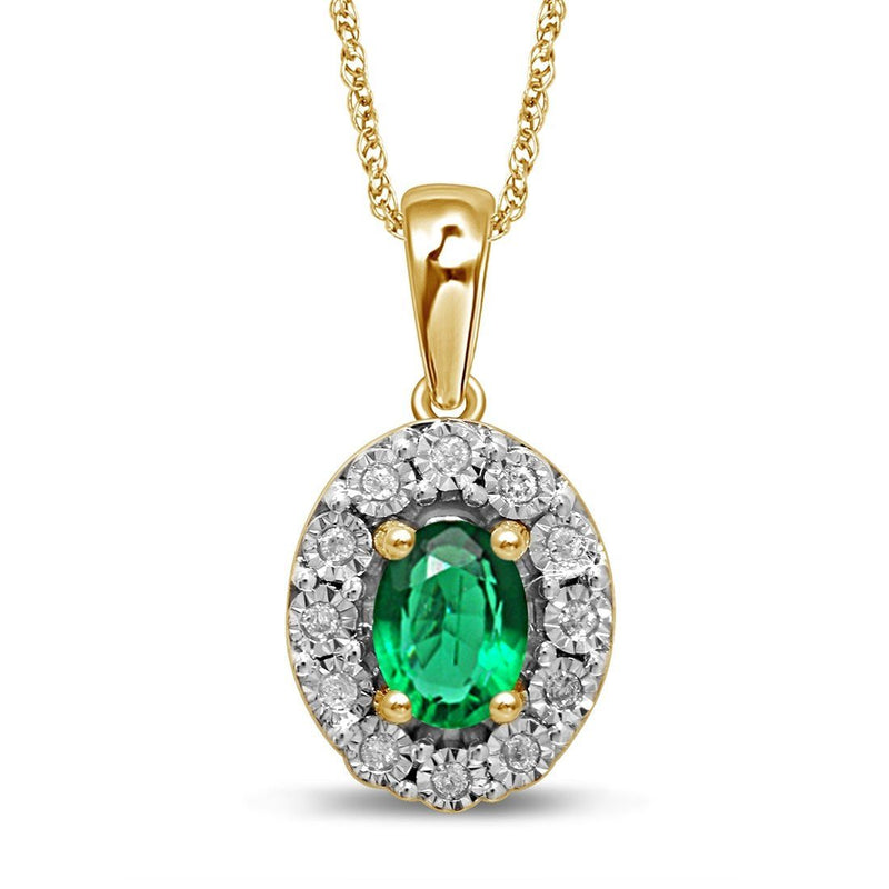 9ct Yellow Gold Created Emerald & Diamond Necklace Necklaces Bevilles 