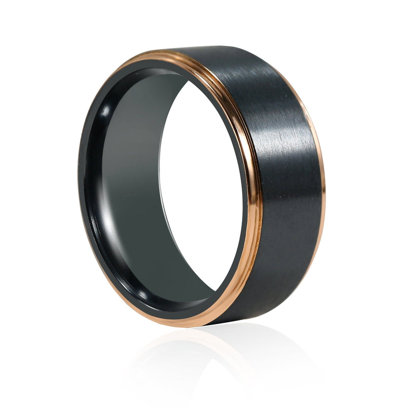 Stanton Made For Men Black Zirconium Ring With Rose Coloured Gold Plated Edges Rings Bevilles 