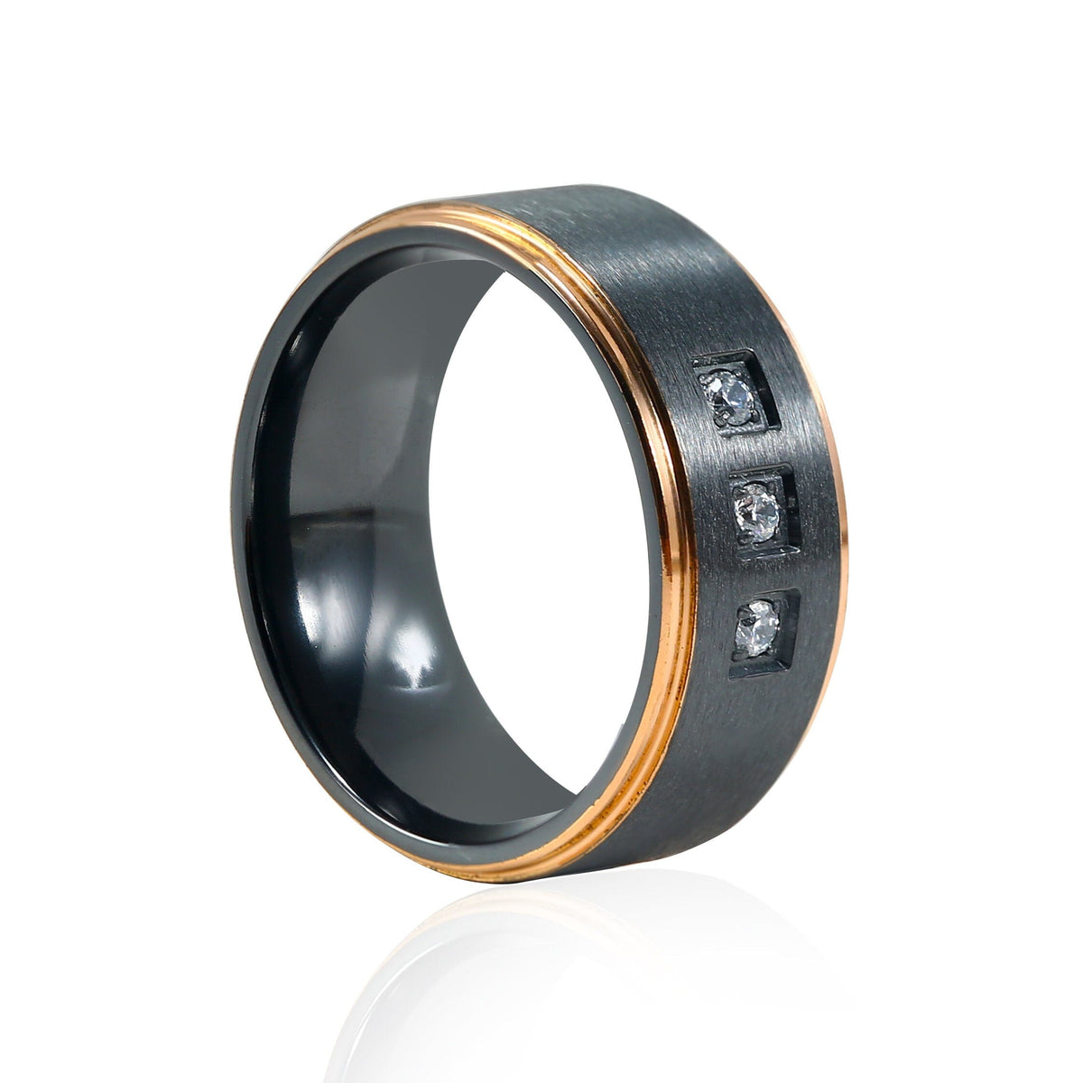 Stanton Made For Men Black Zirconium Ring with Rose Coloured Accents and Diamonds Rings Bevilles 