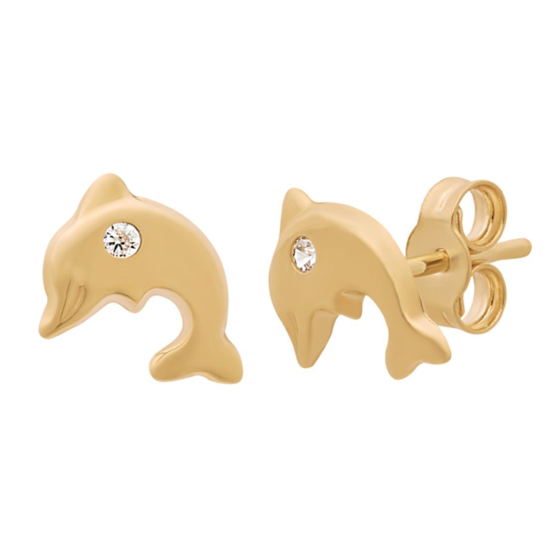 Dolphin Stud Earrings with Cubic Zirconia in 9ct Yellow Gold Earrings Bevilles 