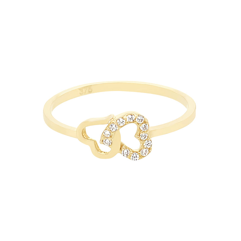 9ct Yellow Gold Double Heart Ring with Cubic Zirconia Rings Bevilles 