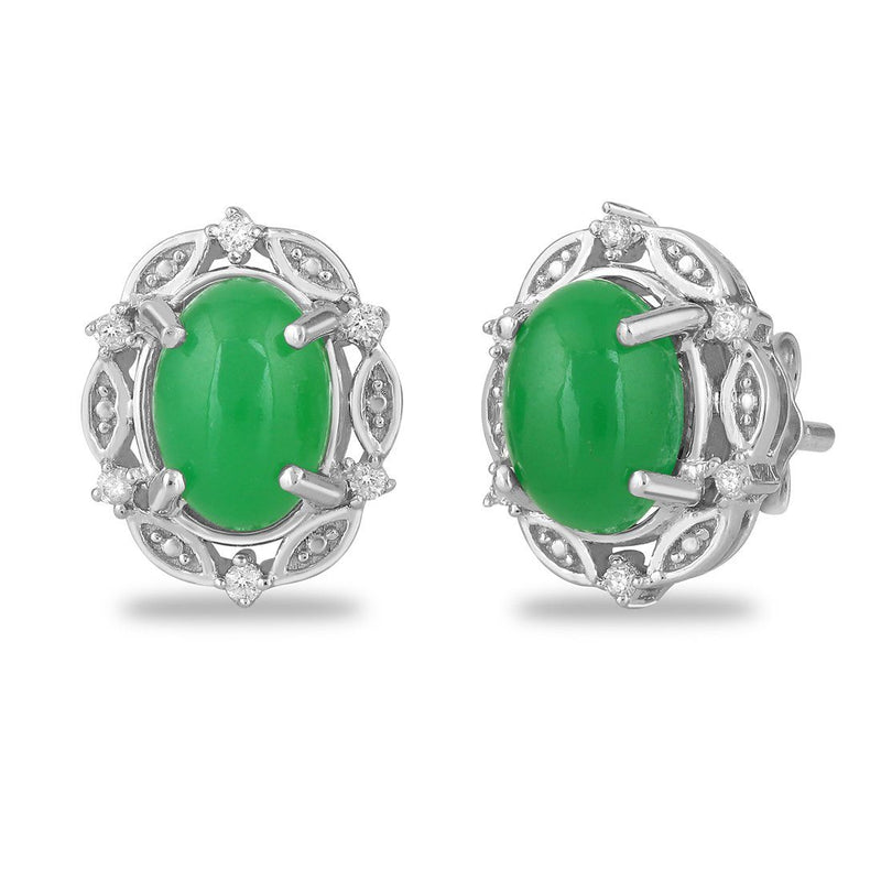 Diamond Set Oval Jade Stud Earrings in Sterling Silver Earrings Bevilles 