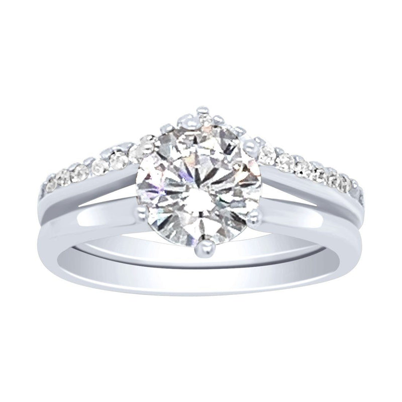 Sterling Silver and Cubic Zirconia Solitaire with Studded V Shaped Band Ring Set Rings Bevilles 