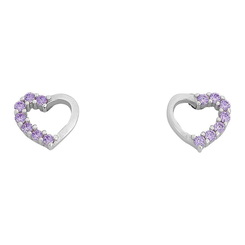 Children's Light Purple Cubic Zirconia Open Heart Stud Earrings in Sterling Silver Earrings Bevilles 