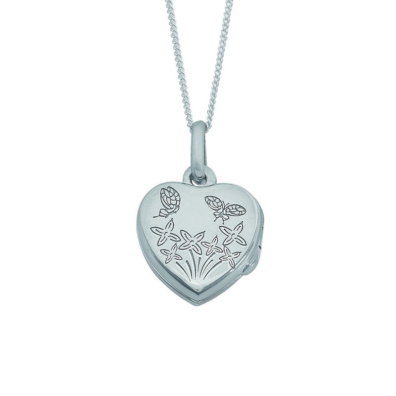 Children's Sterling Silver Plain Flower and Butterfly Engraved Heart Locket Necklace Necklaces Bevilles 