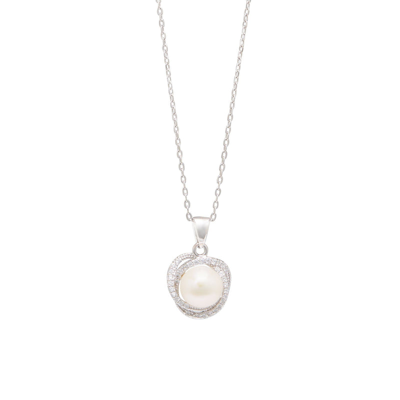 Freshwater Pearl & Cubic Zirconia Halo Swirl Necklace in Sterling Silver Necklaces Bevilles 
