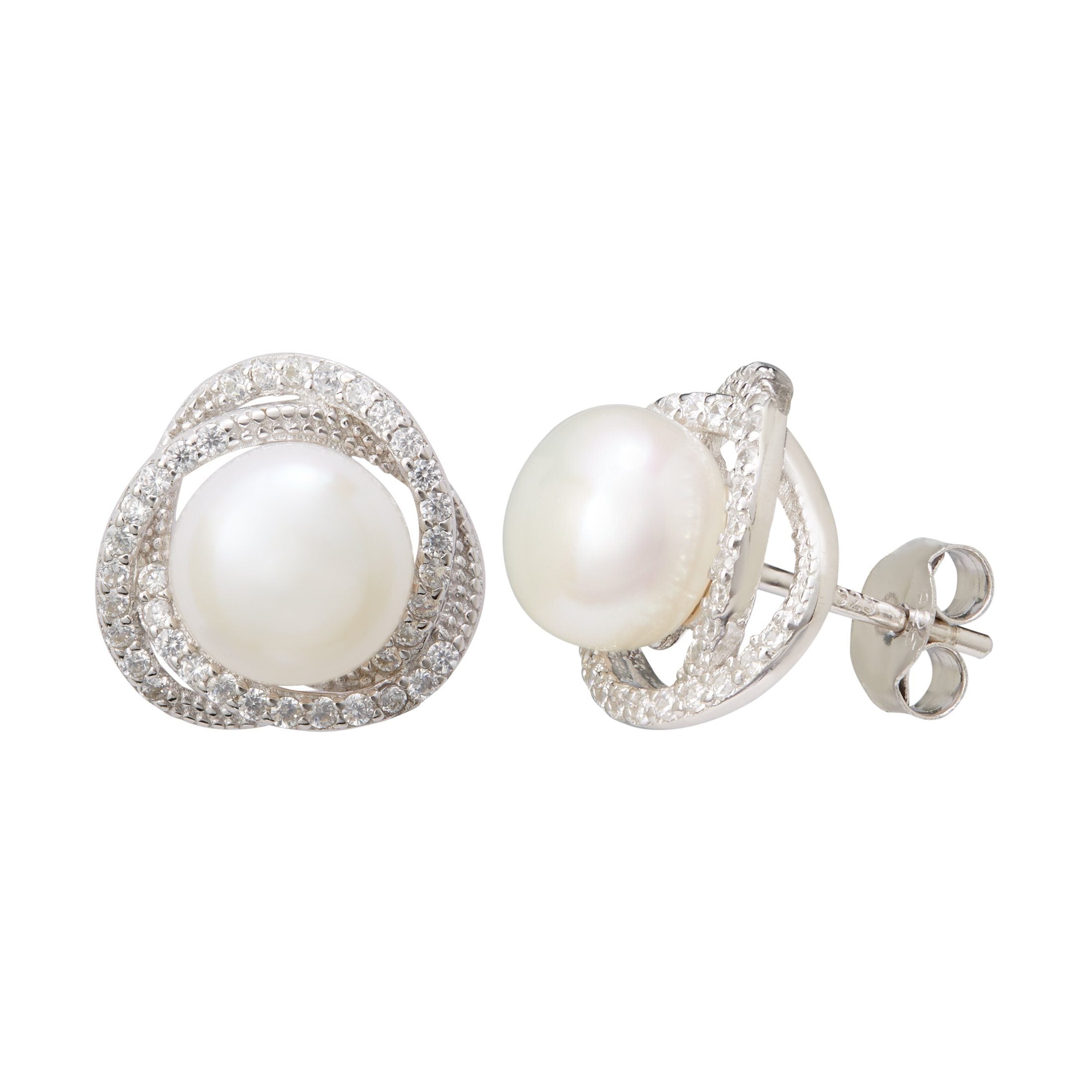 Freshwater Pearl & Cubic Zirconia Halo Swirl Earrings in Sterling Silver Earrings Bevilles 