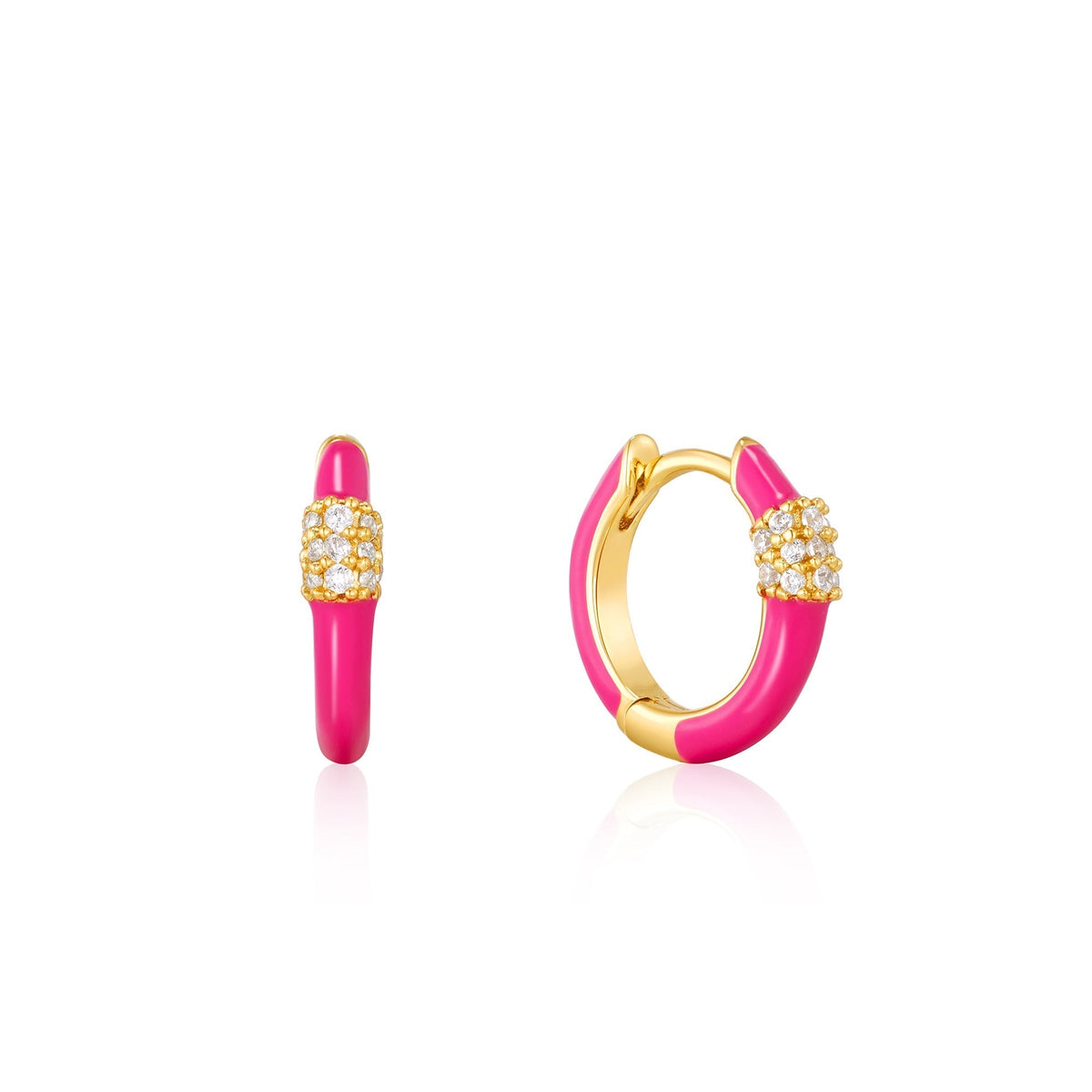 Neon Pink Enamel Carabiner Gold Huggie Hoop Earrings Earrings Ania Haie 