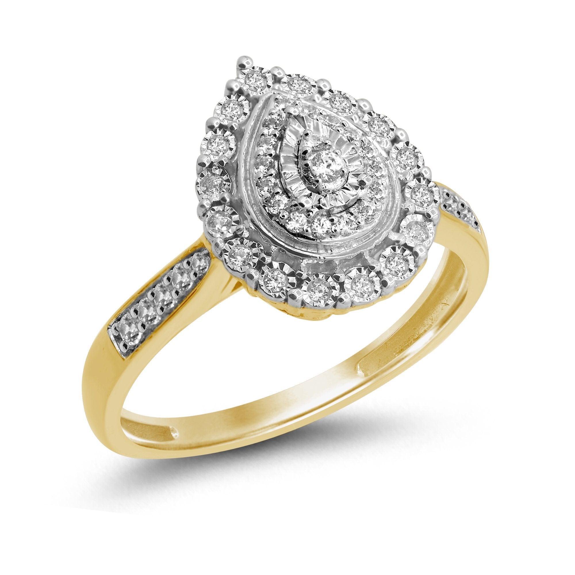 Miracle Double Halo Pear Ring with 1/5ct of Diamonds in 9ct Yellow Gold Rings Bevilles 