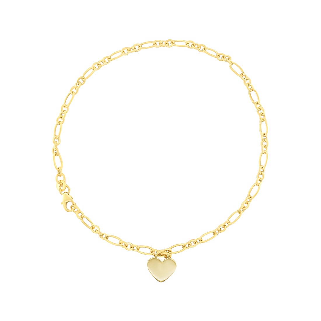 Heart Charm Figaro Anklet in 9kt Yellow Gold Silver Infused