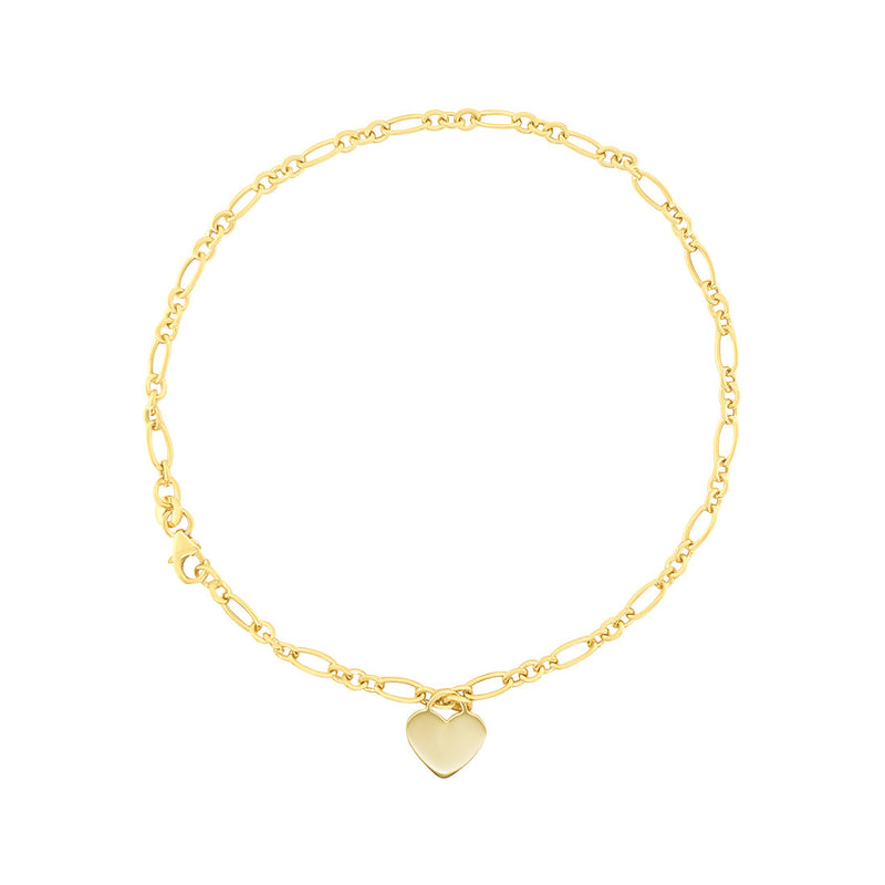Heart Charm Figaro Anklet in 9ct Yellow Gold Silver Infused Anklet Bevilles 