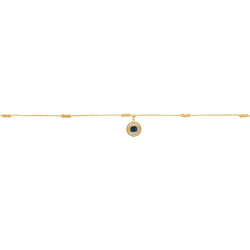 Evil Eye Anklet with Cubic Zirconia in 9ct Yellow Gold Silver Infused Anklets Bevilles 