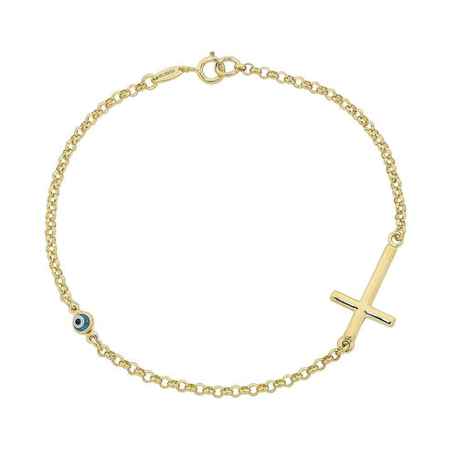 9ct Yellow Gold Silver Infused Cross &amp; Evil Eye Bracelet Bracelets Bevilles 