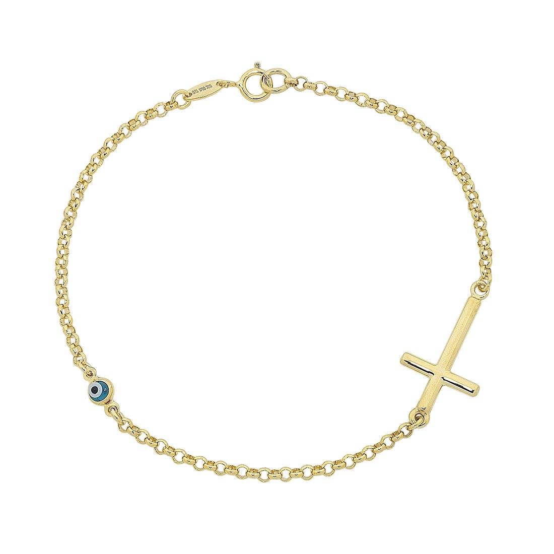 9kt Yellow Gold Cross Evil Eye Bracelet - Main Image