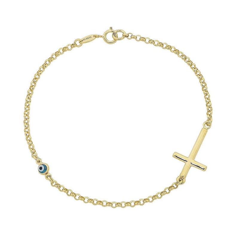 9ct Yellow Gold Cross & Evil Eye Bracelet Bracelets Bevilles 