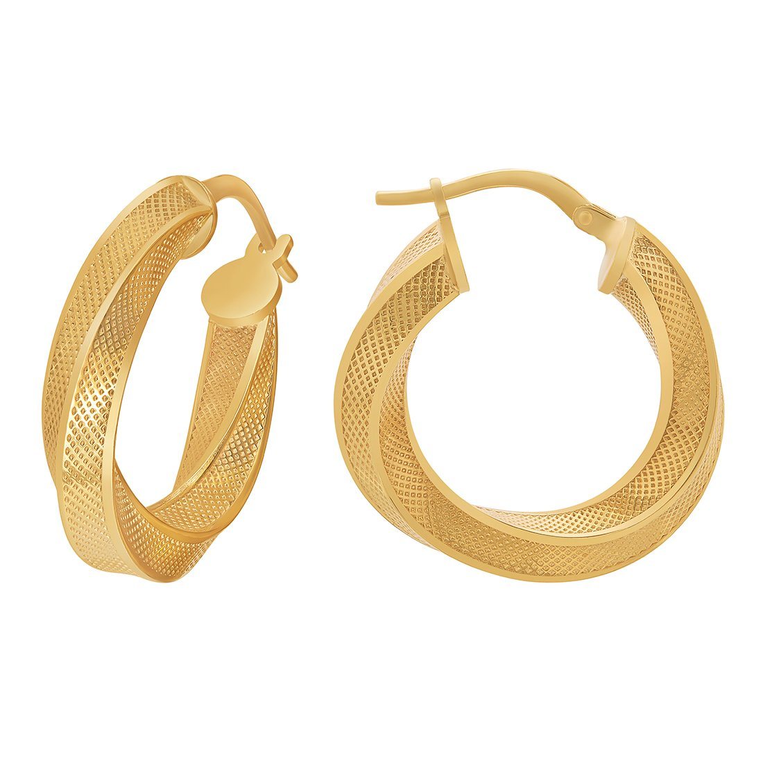 9ct Yellow Gold Silver Infused Fancy Twist Hoop Earrings 20mm Earrings Bevilles 