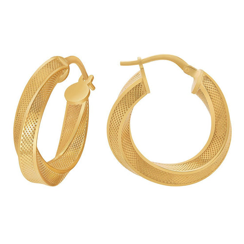 9ct Yellow Gold Silver Infused Fancy Twist Hoop Earrings 20mm Earrings Bevilles 