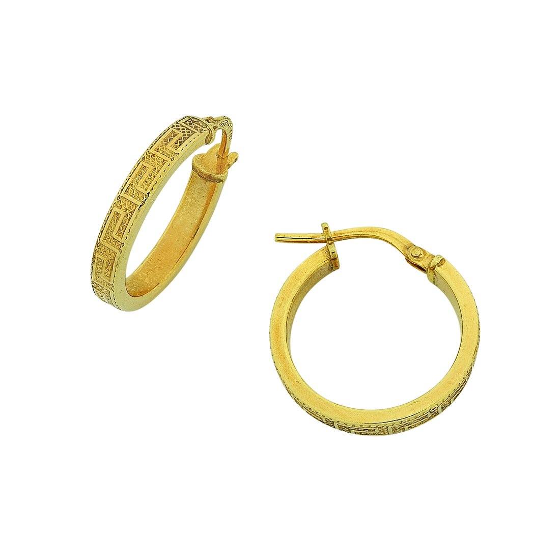 9ct Yellow Gold Silver Infused Greek Hoop Earrings 15mm Earrings Bevilles 