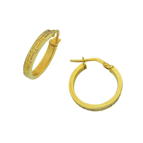 9ct Yellow Gold Silver Infused Greek Hoop Earrings 15mm Earrings Bevilles 