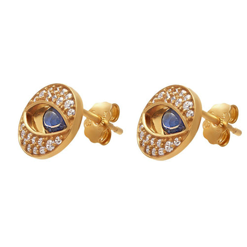 9ct Yellow Gold Silver Infused Evil Eye Stud Earrings with Cubic Zirconia Earrings Bevilles 
