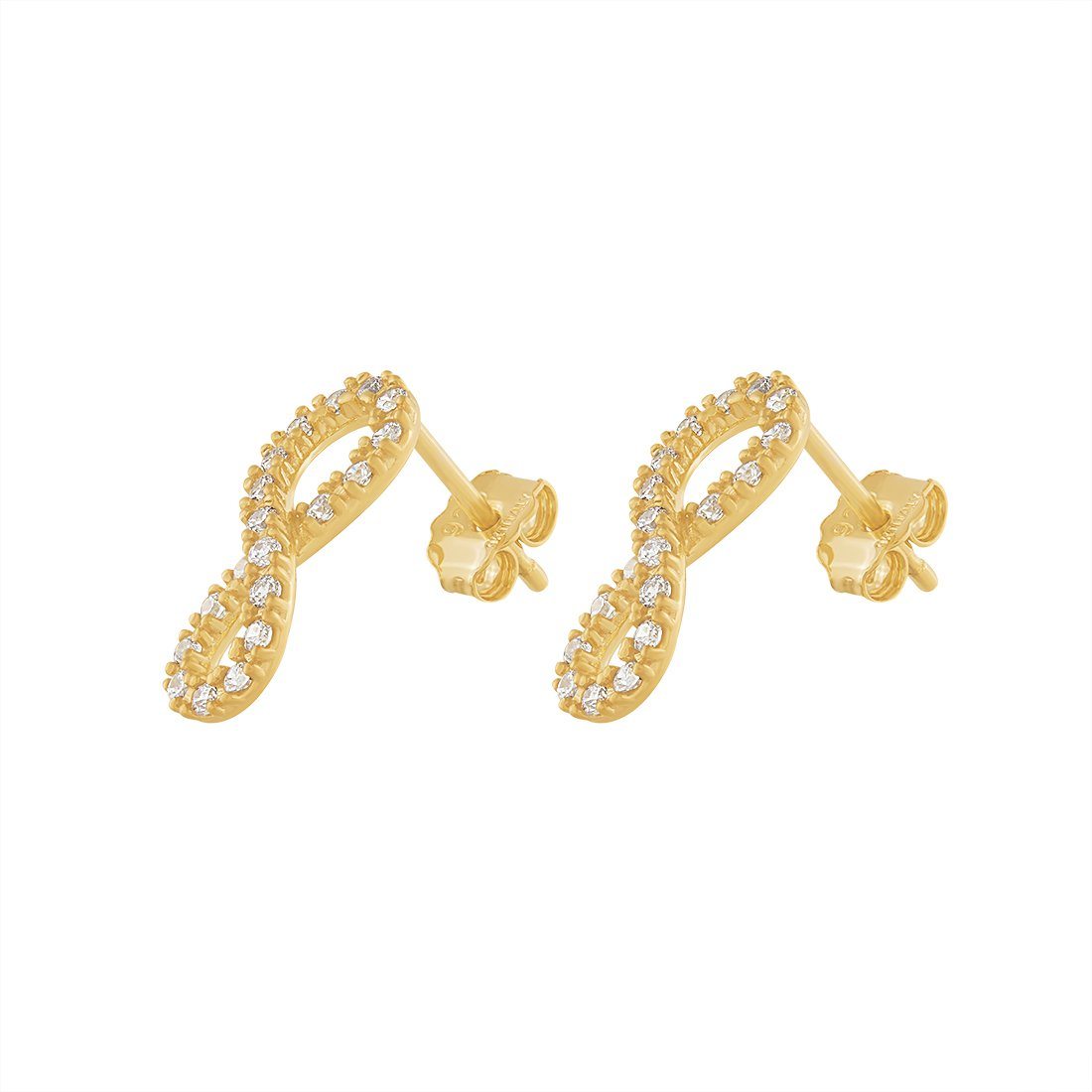 9ct Yellow Gold Silver Infused Infinity Stud Earrings with Cubic Zircona Earrings Bevilles 