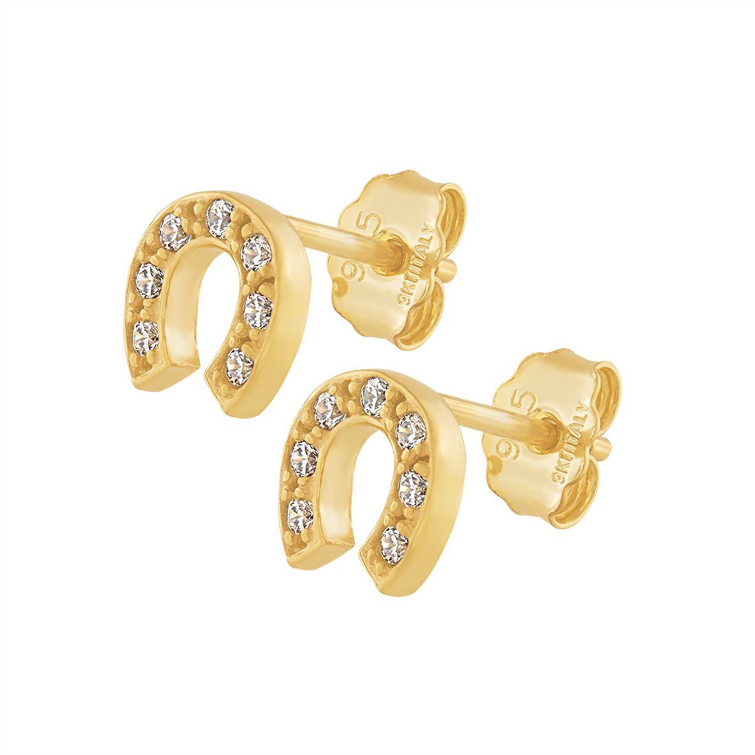 9ct Yellow Gold Silver Infused Horseshoe Stud Earrings with Cubic Zircona Earrings Bevilles 