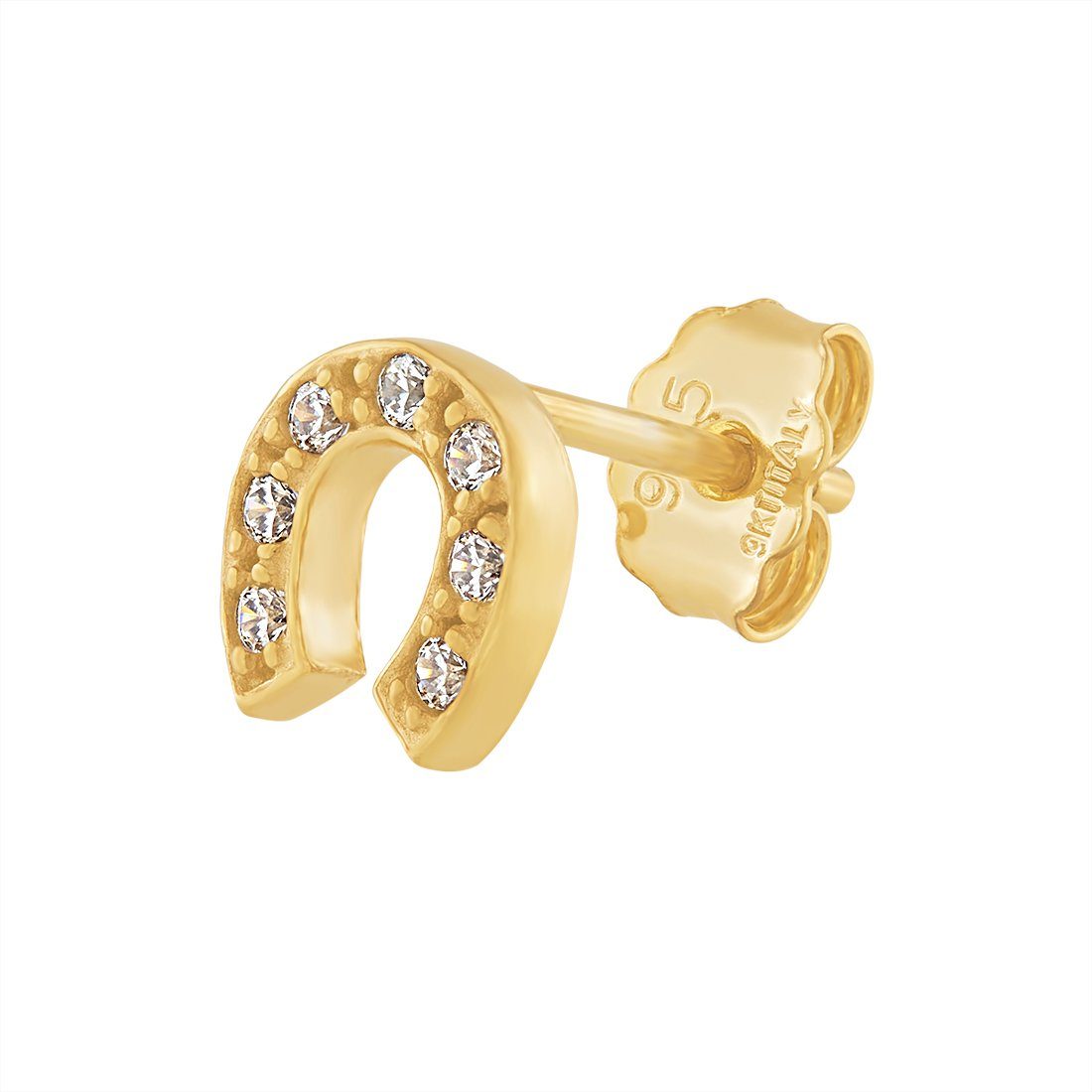 9ct Yellow Gold Silver Infused Horseshoe Stud Earrings with Cubic Zircona Earrings Bevilles 