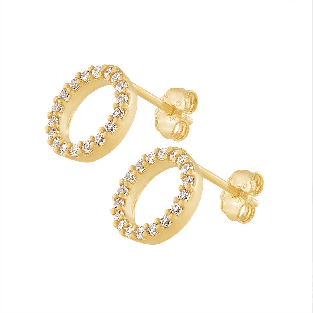 9ct Yellow Gold Silver Infused Circle Stud Earrings with Cubic Zircona Earrings Bevilles 