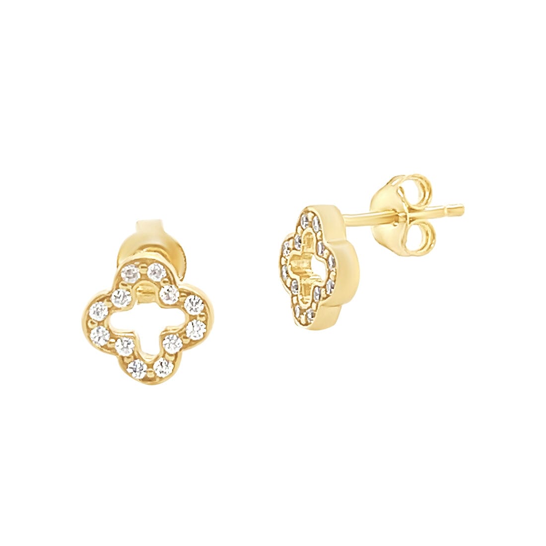 Clover Stud Earrings in 9ct Yellow Gold Silver Infused with Cubic Zirconia Earrings Bevilles 