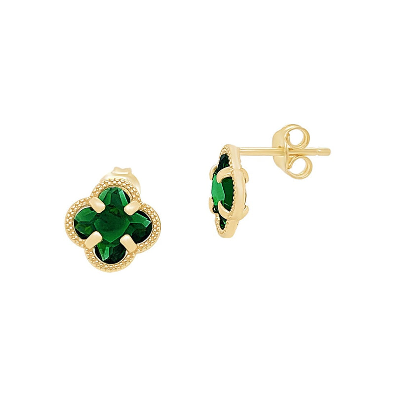 9ct Yellow Gold Silver Infused Green Stone Four Leaf Clover Stud Earrings Earrings Bevilles 