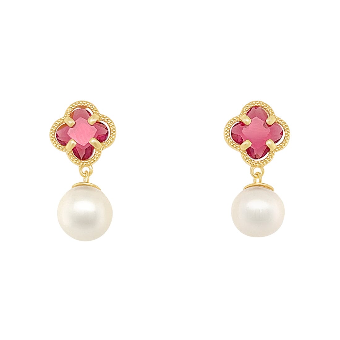 Red Clover and Pearl Stud Earrings in 9ct Yellow Gold Silver Infused Earrings Bevilles 