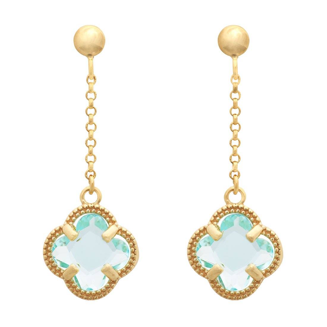 Blue 4 Leaf Clover Drop Earrings in 9ct Yellow Gold Silver Infused Earrings Bevilles 