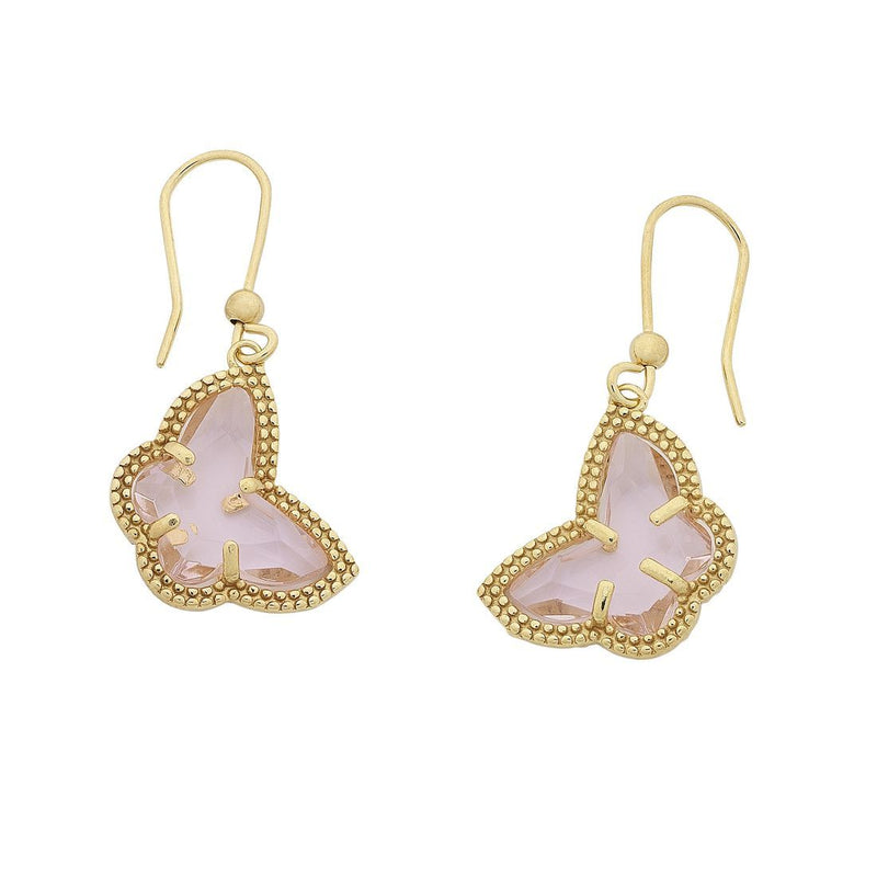 9ct Yellow Gold Silver Infused Pink Butterfly Drop Earrings Earrings Bevilles 
