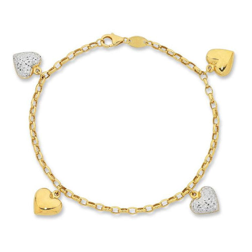 9ct Yellow Gold Silver Infused Heart Charm Bracelet Bracelets Bevilles 
