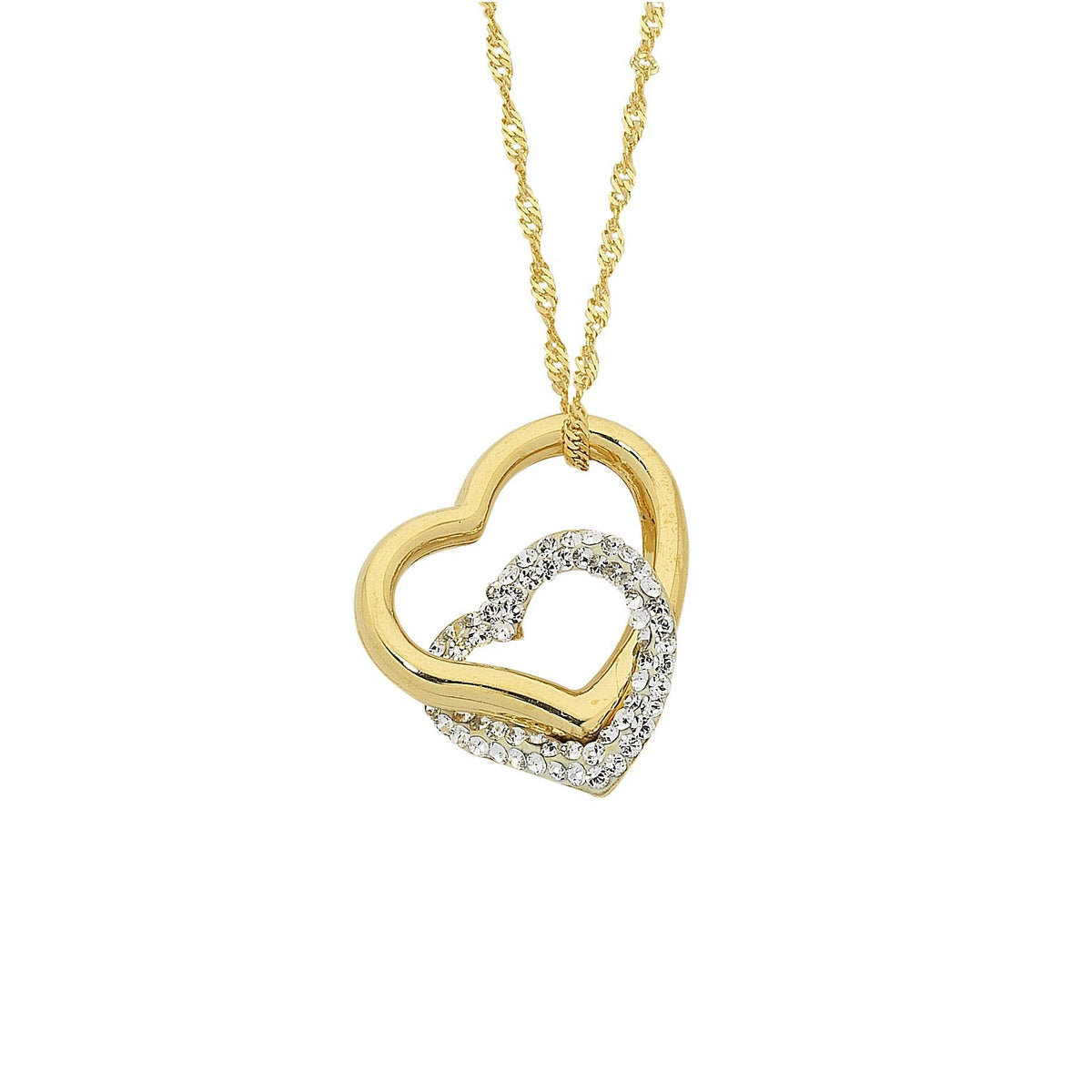 9ct Yellow Gold Silver Infused Double Heart Necklace 43cm Necklaces Bevilles 