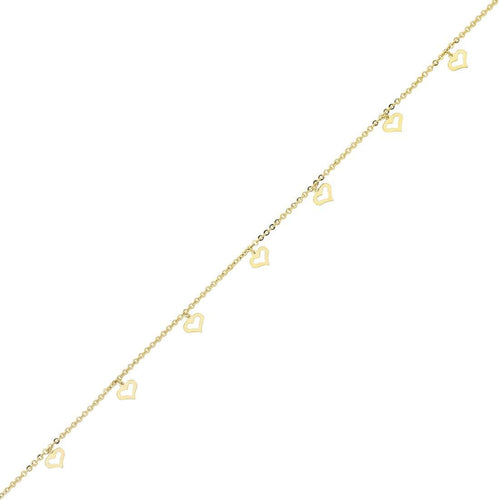 9ct Yellow Gold Silver Infused Floating Open Hearts 25cm Anklet Anklet Bevilles 