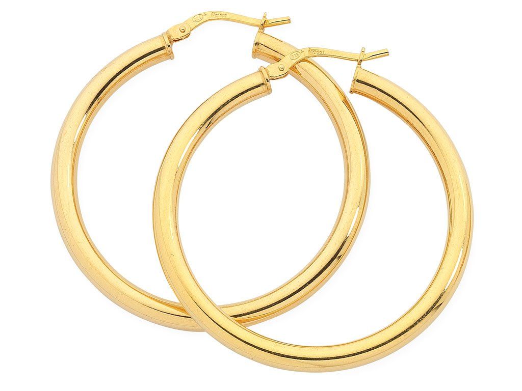 9ct Yellow Gold Silver Infused Hoop Earrings 30mm Earrings Bevilles 