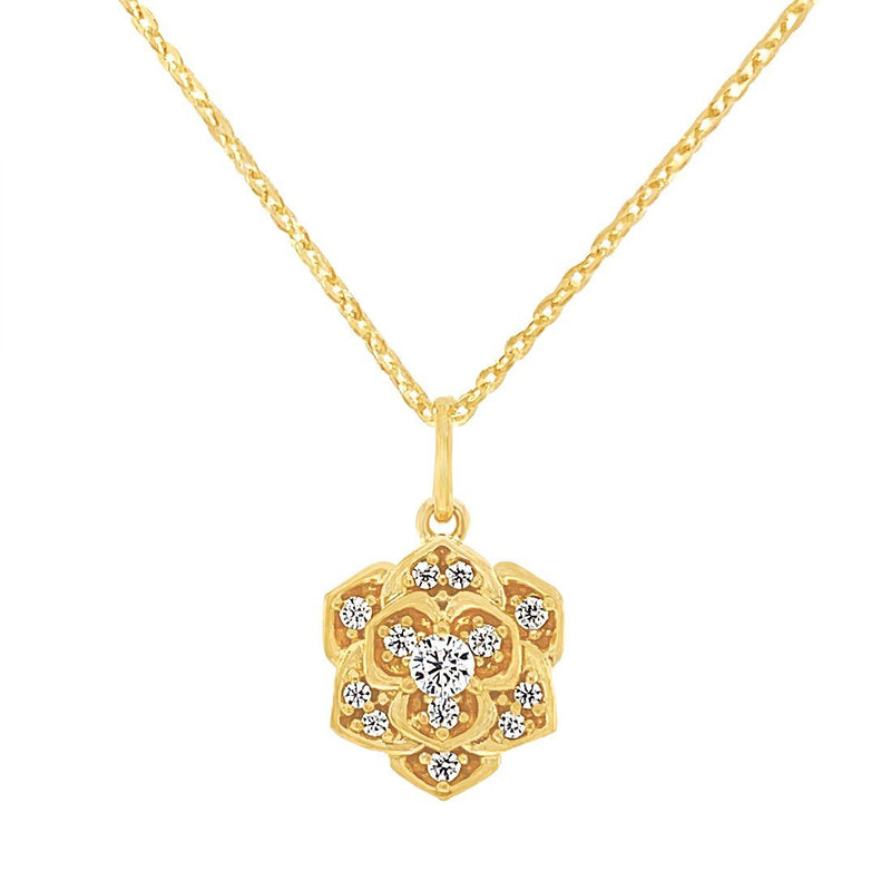 9ct Yellow Gold Silver Infused Rose Necklace with Cubic Zirconia Necklaces Bevilles 