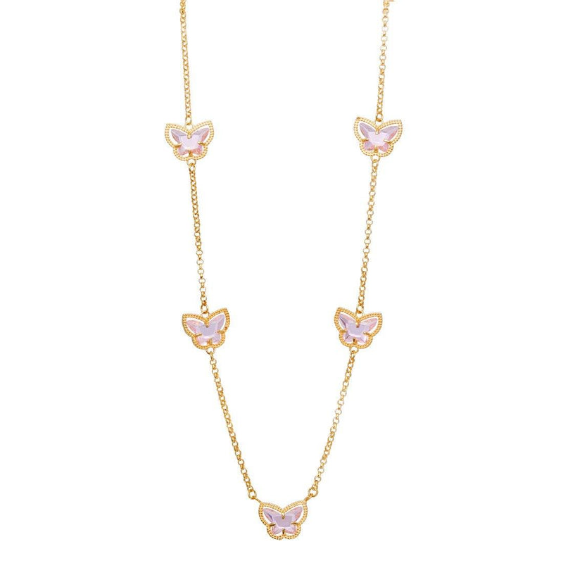 9ct Yellow Gold Silver Infused Pink Butterfly Necklace Necklaces Bevilles 