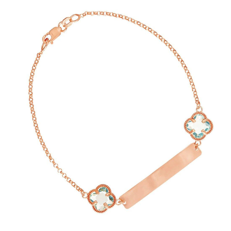 9ct Rose Gold Silver Infused Blue Clover ID Bracelet 19cm Bracelets Bevilles 
