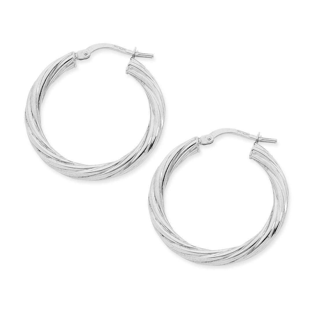 9ct White Gold Silver Infused Twist Hoop Earrings 2mm x 15mm Earrings Bevilles 